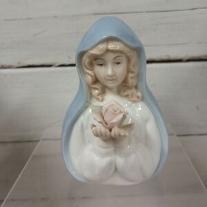 Vintage Porcelain Virgin Mary Ceramic Figurine With Flower Embellishment